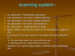 scanning system:-
scanning system:-

1st  generation:- Parallel beam generation
1st  generation:- Parallel beam generation
