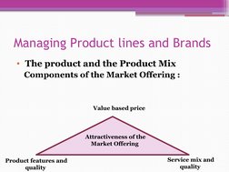 Managing Product lines and Brands
•  The product and the Product Mix 
Components of the Market Offering :
Product features an