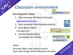 Classroom environment
Development Steps
1. Open browser (Firefox or Chrome)
appinventor.mit.edu
2. Start emulator from deskto