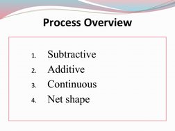 Process Overview
1.
Subtractive
2.
Additive
3.
Continuous
4.
Net shape

