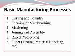 Basic Manufacturing Processes
1. Casting and Foundry 
2. Forming or Metalworking
3. Machining
4. Joining and Assembly
5. Rapi