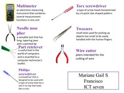 Multimeter
an electronic measuring 
instrument that combines 
several measurement 
functions in one unit
Needle nose 
plier
a