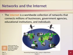 Networks and the Internet
• The Internet is a worldwide collection of networks that 
connects millions of businesses, governm