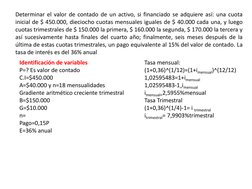 Determinar el valor de contado de un activo, si financiado se adquiere así: una cuota
inicial de $ 450.000, dieciocho cuotas