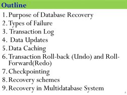 Outline
1.Purpose of Database Recovery
2.Types of Failure
3. Transaction Log
4. Data Updates
5.Data Caching
6.Transaction Rol