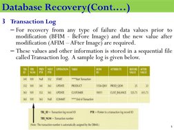 Database Recovery
3 Transaction Log
– For recovery from any type of failure data values prior to
modification (BFIM - BeFore