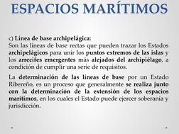 ESPACIOS MARÍTIMOS
c) Línea de base archipelágica:
Son las líneas de base rectas que pueden trazar los Estados 
archipelágico