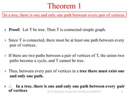 Theorem 1
In a tree, there is one and only one path between every pair of vertices
› Proof: Let T be tree. Then T is connecte