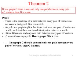 Theorem 2
If in a graph G there is one and only one path between every pair 
of  vertices, then G is a tree.
Proof:
› There i