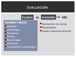 EXAMEN FISICO:
Disfagia 
Odinofagia 
Ronquera 
Disnea 
Hemorragia 
Enfisema 
Focalización neurológica 
Valoración vía