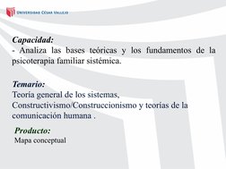 Capacidad:
- Analiza las bases teóricas y los fundamentos de la 
psicoterapia familiar sistémica.
Temario:
Teoría general de