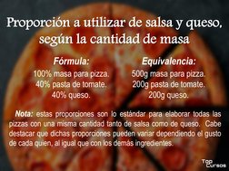 Fórmula:
100% masa para pizza.
40% pasta de tomate.
40% queso.
Equivalencia:
500g masa para pizza.
200g pasta de tomate.
200g