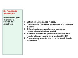 8.4 Función de 
Anisotropía
Procedimiento para 
determinar la 
Función de 
Anisotropía
1. Definir c y f del macizo rocoso.
2.
