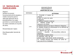 1.5 Apertura de caja 
PUNTO DE VENTA
Objetivo.
Verificar el correcto 
funcionamiento de los equipos y 
medios necesarios para