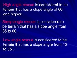 High angle rescue is considered to be 
terrain that has a slope angle of 60 
and higher. 
Steep angle rescue is conside