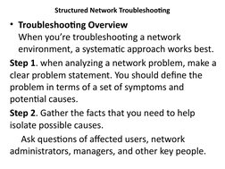 Structured Network Troubleshooting
• Troubleshooting Overview
When you’re troubleshooting a network 
environment, a systemati