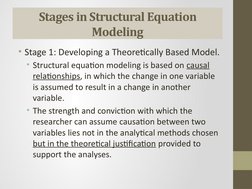 Stages in Structural Equation 
Modeling
• Stage 1: Developing a Theoretically Based Model.
• Structural equation modeling is