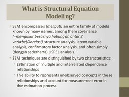 What is Structural Equation 
Modeling?
• SEM encompasses (meliputi) an entire family of models 
known by many names, among th