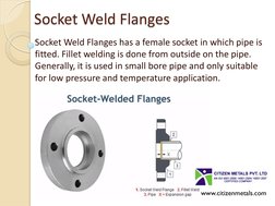 Socket Weld Flanges 
Socket Weld Flanges has a female socket in which pipe is 
fitted. Fillet welding is done from outside on
