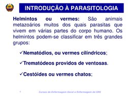 Cursos de Enfermagem Geral e Enfermagem de SMI 
4 
Helmintos 
ou 
vermes: 
São 
animais 
metazoários muitos dos quais parasit
