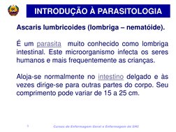 Cursos de Enfermagem Geral e Enfermagem de SMI 
9 
INTRODUÇÃO À PARASITOLOGIA 
Ascaris lumbricoides (lombriga – nematóide).