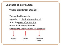 Channels of distribution
Physical Distribution Channel:
•The method by which
•a product is physically transferred
•from the p