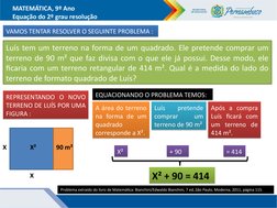 MATEMÁTICA, 9º Ano
Equação do 2º grau resolução
VAMOS TENTAR RESOLVER O SEGUINTE PROBLEMA :
VAMOS TENTAR RESOLVER O SEGUINTE