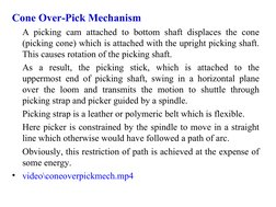 Cone Over-Pick Mechanism 
A picking cam attached to bottom shaft displaces the cone 
(picking cone) which is attached with th