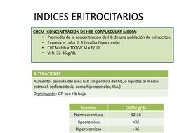 INDICES ERITROCITARIOS
CHCM (CONCENTRACION DE HEB CORPUSCULAR MEDIA:
•
Promedio de la concentración de Hb de una población de