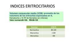 Volumen corpuscular medio (VCM): promedio de los 
volumens de los eritrocitos expresados en fL
Hematocrito x 10 /Nº de Hematí