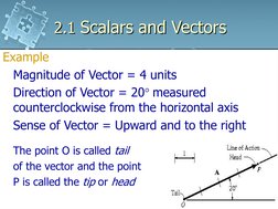 2.1 Scalars and Vectors
Example
Magnitude of Vector = 4 units
Direction of Vector = 20° measured 
counterclockwise from the h