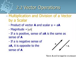 2.2 Vector Operations
Multiplication and Division of a Vector 
by a Scalar
- Product of vector A and scalar a = aA
- Magnitu