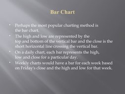 Bar Chart

Perhaps the most popular charting method is 
the bar chart. 

The high and low are represented by the 
top and b