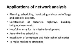 Applications of network analysis 
• Planning, scheduling, monitoring and control of large 
and complex projects. 
• Construct