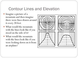 Contour Lines and Elevation 
Imagine a picture of a 
mountain and then imagine 
there were lines drawn around 
it every 20 f
