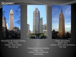 Metropolitan life insurance building
Height =214m
Architect  Pierre LeBurn 
New York city
Chicago tribune tower building
Heig