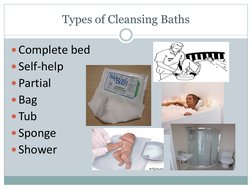 Types of Cleansing Baths
Complete bed
Self-help 
Partial 
Bag
Tub 
Sponge 
Shower 
