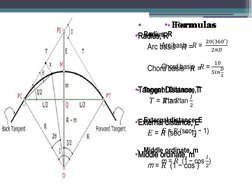 • Formulas
•Radius, R
Arc basis   𝑅 =  
Chord basis   𝑅 = 
•Tangent Distance, T 
 𝑇 = 𝑅tan 
•External distance, E  
𝐸 = 