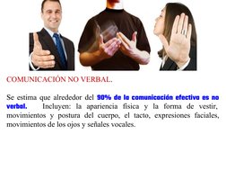 COMUNICACIÓN NO VERBAL. 
Se estima que alrededor del 90% de la comunicación efectiva es no 
verbal.   Incluyen: la apariencia