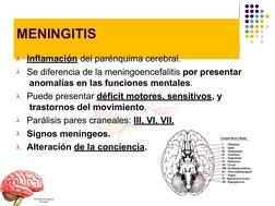 MENINGITIS
Inflamación del parénquima cerebral.
Se diferencia de la meningoencefalitis por presentar 
 anomalías en las fun