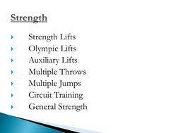 
 Strength Lifts 

 Olympic Lifts 

 Auxiliary Lifts 

 Multiple Throws 

 Multiple Jumps 

 Circuit Training 

 Gener