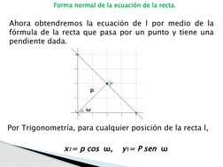Ahora obtendremos la ecuación de l por medio de la 
fórmula de la recta que pasa por un punto y tiene una 
pendiente dada. 
P