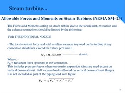 8
Allowable Forces and Moments on Steam Turbines (NEMA SM–23)
The Forces and Moments acting on steam turbine due to the steam