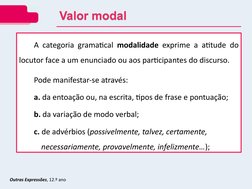 Outras Expressões, 12.º ano
Valor modal
Valor modal
A categoria gramatical modalidade exprime a atitude do 
locutor face a um