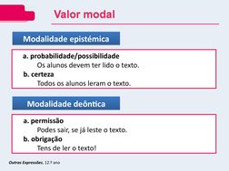 Valor modal
Valor modal
Modalidade epistémica
Modalidade epistémica
    a. probabilidade/possibilidade
Os alunos devem ter li