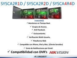 SYSCA2R1D / SYSCA2R2D / SYSCA4R4D 
FUNCIONES
 Grupos de Acceso.
 Anti Passback.
 Esclusamiento.
 Verificación Multi-Usuar