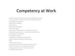 Competency at Work
 New business realities and impact of HR professionals 
 The competency model for the New HR Professiona
