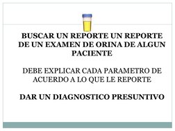 BUSCAR UN REPORTE UN REPORTE 
DE UN EXAMEN DE ORINA DE ALGUN 
PACIENTE 
 
DEBE EXPLICAR CADA PARAMETRO DE 
ACUERD
