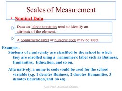Scales of Measurement
• Nominal Data
A nonnumeric label or numeric code may be used.
Data are labels or names used to identif
