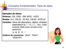 3. Conceptos fundamentales: Tipos de datos 
10 
Ejemplos de datos: 
Enteros: 128, 1500, -200, 8432, -14321 
Reales: 6.4, 138.